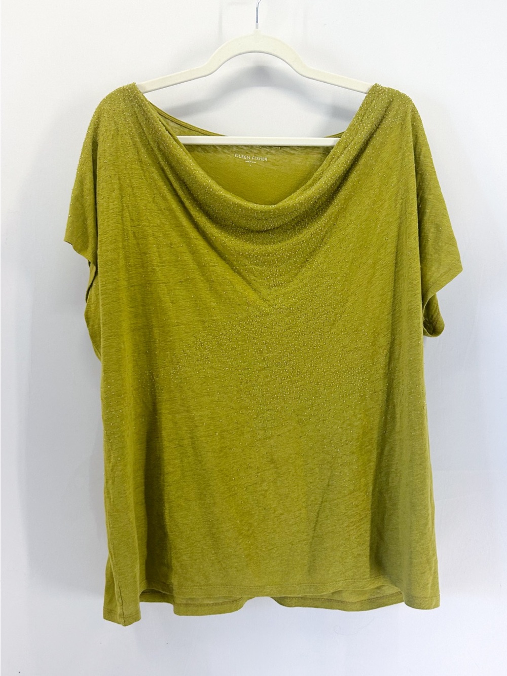 Eileen Fisher Green 100% Linen Beaded Short Sleeve Cowl Neck Blouse Large